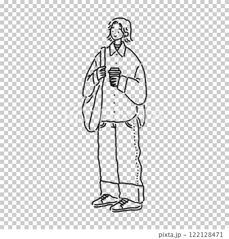 Woman wearing an oversized shirt, line drawing 122128471