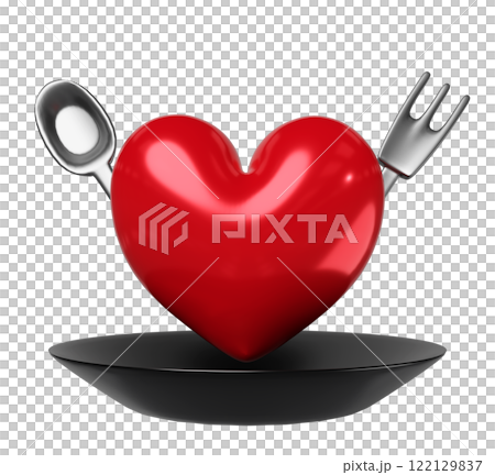 red heart in black plate with spoon, fork isolated. happy valentine's day concept, 3d illustration render red heart in black plate with spoon, fork isolated. happy valentine's day concept, 3d illustration render 122129837