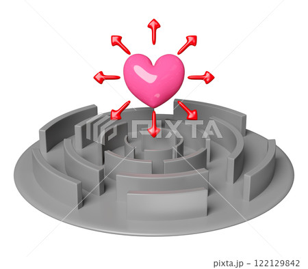 labyrinth or maze with pink heart, arrows all around isolated. happy valentine's day concept, 3d illustration render labyrinth or maze with pink heart, arrows all around isolated. happy valentine's day concept, 3d illustration render 122129842
