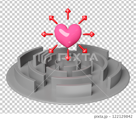 labyrinth or maze with pink heart, arrows all around isolated. happy valentine's day concept, 3d illustration render labyrinth or maze with pink heart, arrows all around isolated. happy valentine's day concept, 3d illustration render 122129842