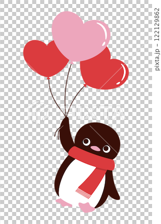 空を飛ぶハート型の風船を持ったペンギンのバレンタインデー向けイラスト 122129862