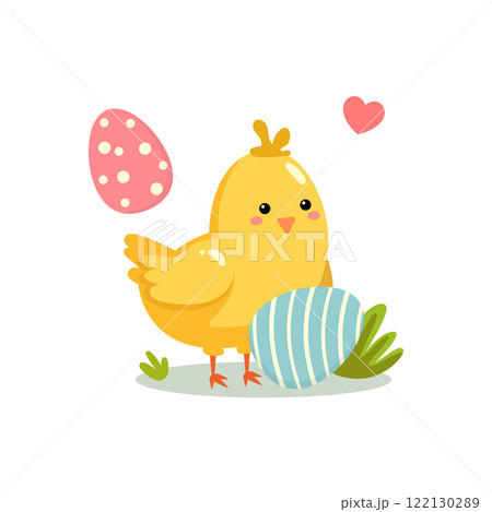 Baby chick with easter eggs. Happy Easter concept. Cute cartoon Baby chick with easter eggs. Happy Easter concept. Cute cartoon 122130289