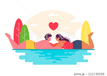 Couples in love on summer holidays. Lovers swim in the ocean. 122130290