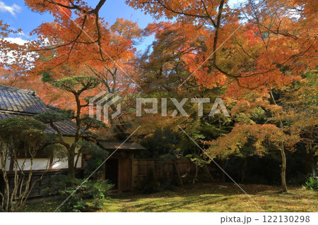 紅葉に彩られた清水寺本坊庭園の日本家屋の佇まい 122130298