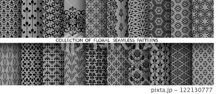 Geometric floral set of seamless patterns. Gray and black vector backgrounds. Damask graphic ornaments 122130777