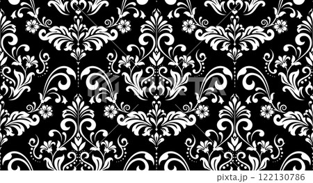 Floral pattern. Vintage wallpaper in the Baroque style. Seamless vector background. White and black ornament for fabric, wallpaper, packaging. Ornate Damask flower ornament. Floral pattern. Vintage wallpaper in the Baroque style. Seamless vector background. White and black ornament for fabric, wallpaper, packaging. Ornate Damask flower ornament. 122130786