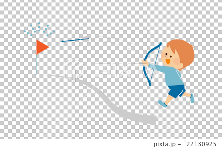 Illustration of a child aiming at a target with a bow and arrow 122130925