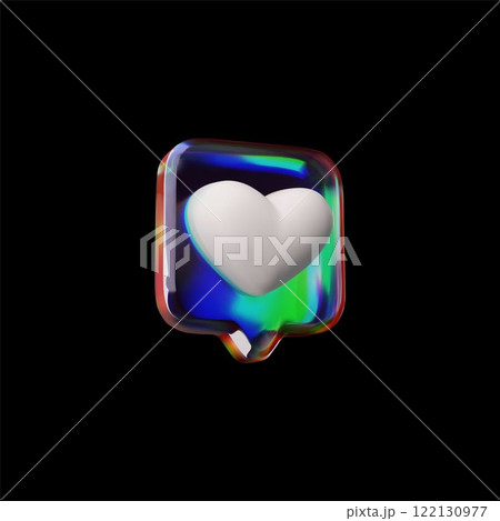 3D glossy glass holographic speech bubble with heart sign vector icon, feedback dialogue cloud, like emoji, love symbol 122130977