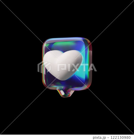 3D glossy glass holographic speech bubble with heart vector icon, feedback square dialogue cloud, like emoji love symbol 122130980
