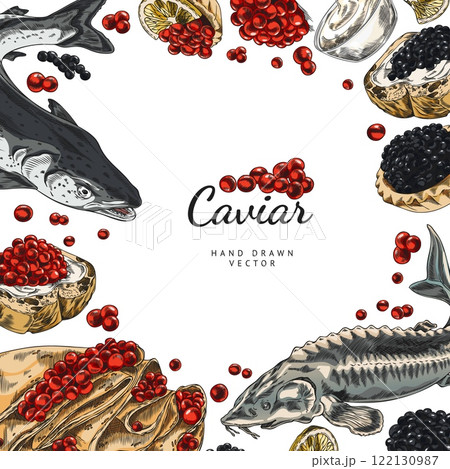 Illustration of a round frame with fish, red and black caviar on a sandwich, pancakes and tartlets. Illustration of a round frame with fish, red and black caviar on a sandwich, pancakes and tartlets. 122130987