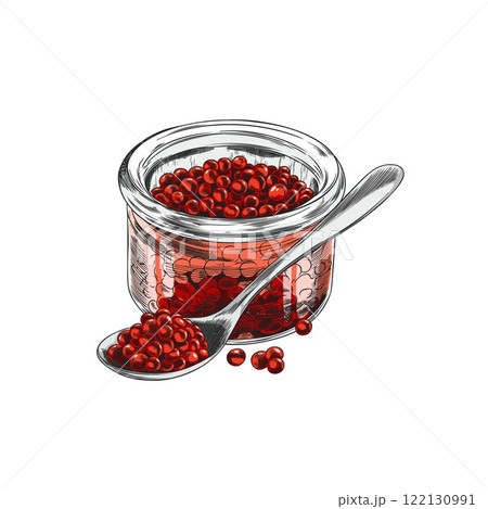 Red caviar in a glass jar with a spoon, hand drawn vector illustration. 122130991