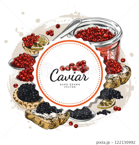 Watercolor illustration of black and red caviar around a round frame. 122130992