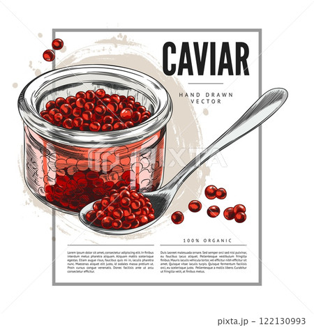 Vector poster with red caviar in a glass jar with a spoon on white background 122130993