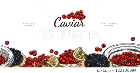 Vector seamless banner with red and black caviar on the bottom border. 122130994