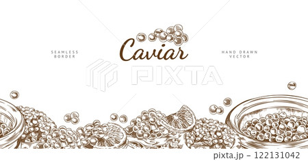 Caviar pile and in glass jar vector engraved hand drawn seamless border design, sea food, natural delicacy product 122131042