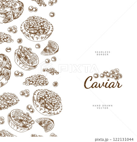 Seamless frame outline illustration of sandwich and tartlet with caviar and lemon. 122131044