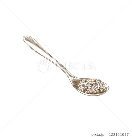 Vector monochrome illustration of spoon with caviar on isolated background. 122131057