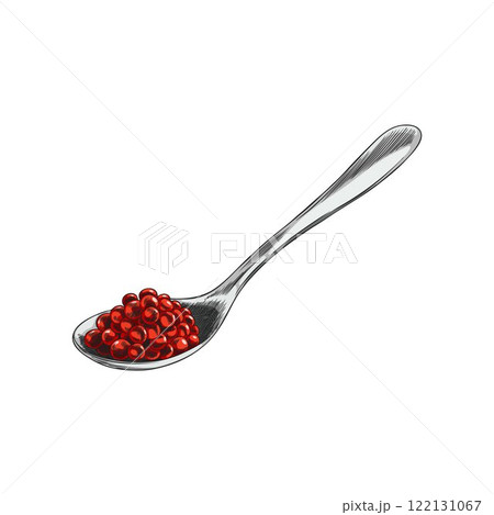Vector element with red caviar in an iron spoon on a white background 122131067