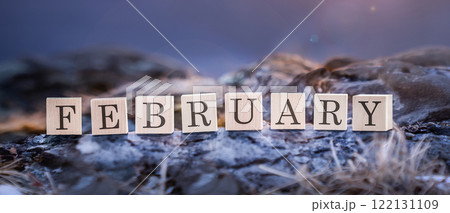 February is a close-up word made of wooden children's cubes in nature, against the background of blue mountains. February is the last month of winter . February The Month of Love Celebrations and the 122131109