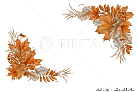 Corner frame from autumn maple leaves,mountain ash with oak leaves and a bunch of rowan berries as a symbol of the harvest festival,thanksgiving day.Watercolor clipart on transparent background 122131243