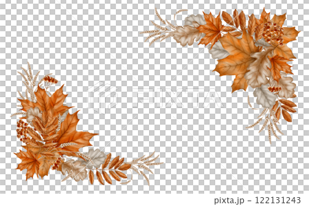 Corner frame from autumn maple leaves,mountain ash with oak leaves and a bunch of rowan berries as a symbol of the harvest festival,thanksgiving day.Watercolor clipart on transparent background 122131243