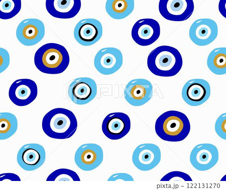 Evil eye seamless pattern. Blue colored textured vector background. Amulet 122131270