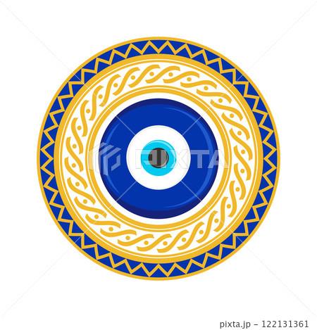 Evil eye bead. Vector blue nazar with mandala frame for luck protection and energy. Circle amulet with Greek key pattern. Greek magic symbol. Mystic talisman 122131361