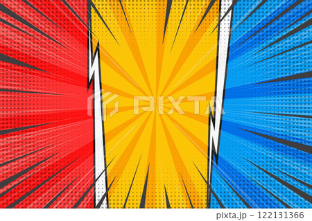 Comic book vector background. Cartoon pop art retro starburst graphic with blast. Vs template. Versus bright poster with abstract halftone effect. Compare manga banner with speed lines 122131366