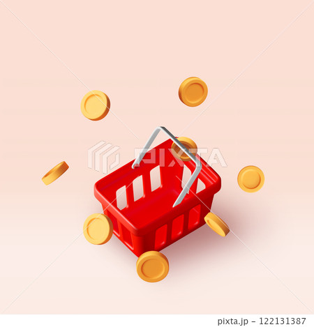 3d shopping basket and gold coins isolated. 3d shopping basket and gold coins isolated. 122131387