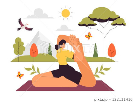 Yoga Retreat Vector Illustration Featuring Activities to Escape Your Daily Routine, Including Meditation, Yoga and Breathing Exercises in a Background 122131416