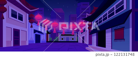 Vector illustration of Chinese night street with houses, road and glowing lanterns. Vector illustration of Chinese night street with houses, road and glowing lanterns. 122131748