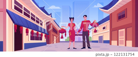 Vector flat illustration depicting Chinese street with houses, lanterns and people. 122131754