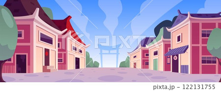 Vector illustration of Chinese street with old houses, expensive arches. 122131755