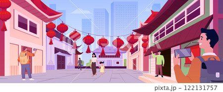 Vector of Vibrant Chinese street with traditional houses, lanterns and tourists. 122131757