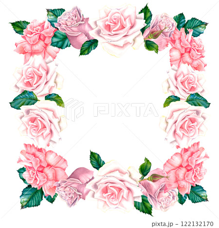 Square floral frame with pastel pink rose flowers, buds and green leaves. Hand drawn watercolor botanical illustration on isolated background. Perfect for greeting cards or wedding invitations. Square floral frame with pastel pink rose flowers, buds and green leaves. Hand drawn watercolor botanical illustration on isolated background. Perfect for greeting cards or wedding invitations. 122132170