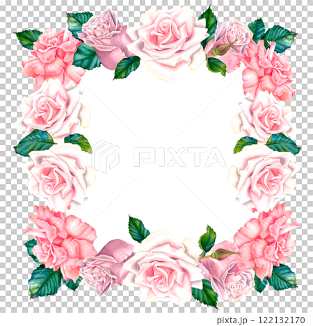 Square floral frame with pastel pink rose flowers, buds and green leaves. Hand drawn watercolor botanical illustration on isolated background. Perfect for greeting cards or wedding invitations. Square floral frame with pastel pink rose flowers, buds and green leaves. Hand drawn watercolor botanical illustration on isolated background. Perfect for greeting cards or wedding invitations. 122132170