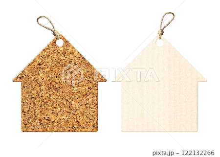 Set of eco-friendly house-shaped cardboard labels. Paper and cork tag collection. Isolated on white background. Sustainable development of strategy approach to zero waste, responsible consumption Set of eco-friendly house-shaped cardboard labels. Paper and cork tag collection. Isolated on white background. Sustainable development of strategy approach to zero waste, responsible consumption 122132266