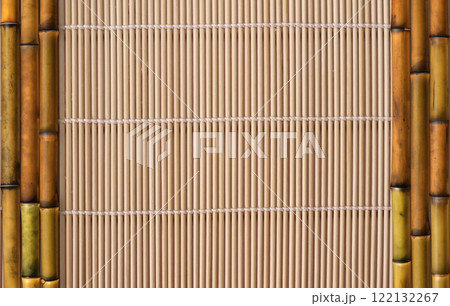 Organic Bamboo background. Eco-friendly background with Bamboo stems on cane mat texture. Copy space for text Organic Bamboo background. Eco-friendly background with Bamboo stems on cane mat texture. Copy space for text 122132267