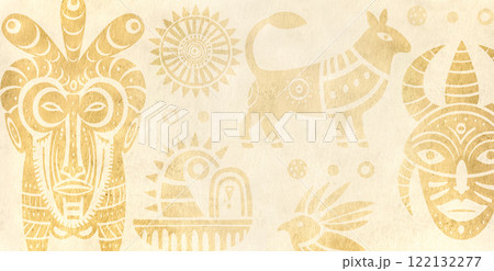 Background with ethnic ornament on grunge texture of retro paper. Horizontal cardboard banner with African tribal motifs. Old paper texture and silhouettes of animal, bird, mask, abstract decor 122132277