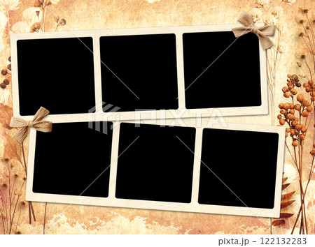 Nostalgic scrapbooking banner with moodboard pictures album grid for scrapbooking. Retro background with paper texture, dry pressed leaves, flowers and frame photos. Vintage style mood board layout Nostalgic scrapbooking banner with moodboard pictures album grid for scrapbooking. Retro background with paper texture, dry pressed leaves, flowers and frame photos. Vintage style mood board layout 122132283