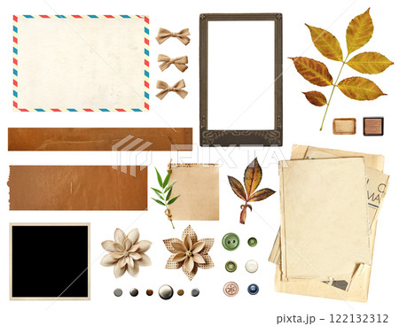 Collection of vintage elements for scrapbooking. Nostalgic set of retro photo, linen bow, dry pressed flower, buttons, postcard, envelope, paper tag. Mockup template. Isolated on white background Collection of vintage elements for scrapbooking. Nostalgic set of retro photo, linen bow, dry pressed flower, buttons, postcard, envelope, paper tag. Mockup template. Isolated on white background 122132312