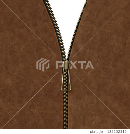 Leather background with zipper opened. Unzipped zipper or fastener. Open zip and leather texture of brown color. Isolated on white background. Copy space for text 122132313