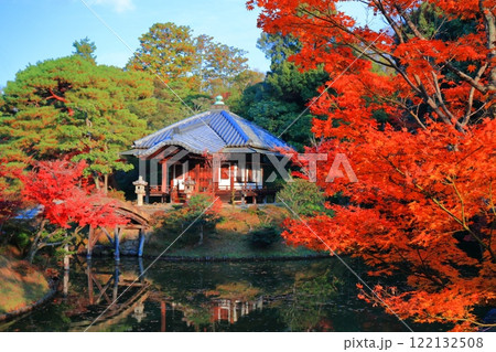 【京都府】シンメトリーな桂離宮の園林堂と紅葉 122132508