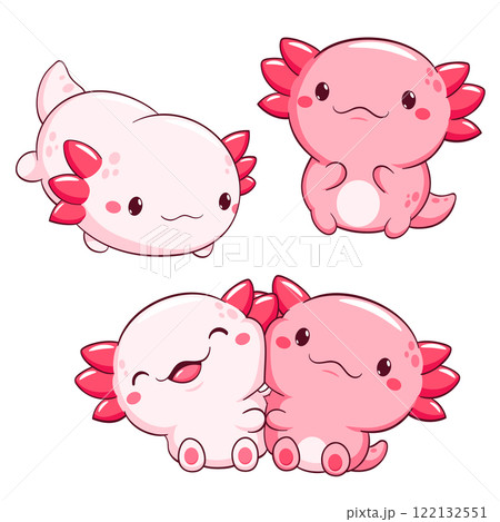Set of axolotl in kawaii style. Lovely axolotl baby in different poses. Cute axolotl expression sheet collection. Can be used for t-shirt print, sticker, greeting card. Vector illustration EPS8 Set of axolotl in kawaii style. Lovely axolotl baby in different poses. Cute axolotl expression sheet collection. Can be used for t-shirt print, sticker, greeting card. Vector illustration EPS8 122132551