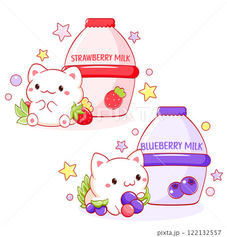 Collection of cats in kawaii style and berry milk, yoghurt, smoothie. Set of cute kittens and yummy berry smoothie in bottle. Can be used for t-shirt print, sticker, greeting card design. Vector EPS8 122132557