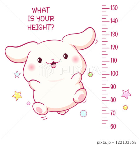 Height chart with kawaii jumping bunny. Kids meter with cute little rabbit. Inscription - What is your height? Meter wall or baby scale of growth. Vector illustration EPS8 122132558