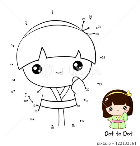 Connect The Dots and Draw cute girl. Dot to dot puzzle with cartoon little girl in kimono. Educational Game for Kids. Drawing for Preschool children. Vector Illustration EPS8 122132561