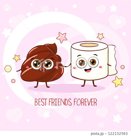 Best friends forever. Square card with cute friends -  poop and toilet paper characters. Can be used for design of t-shirt, poster, print, card. Vector illustration EPS8 122132563