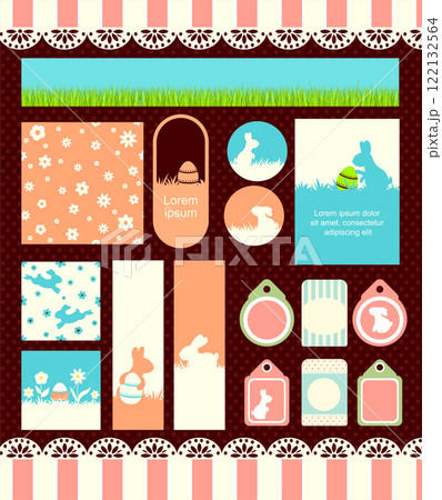 Set of Easter stickers and seamless pattern in warm retro style. Cute eye-catching tag, label with bunny, easter egg, grass and flower. Collection of cozy sticker. Vector illustration EPS8 122132564