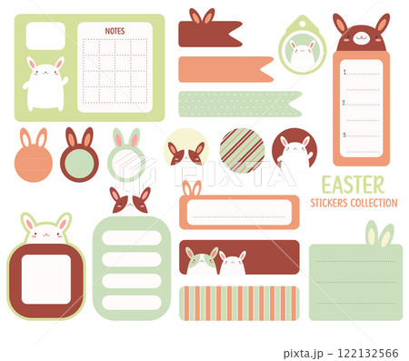 Set of Easter stickers in warm retro style. Cute eye-catching tag, label with bunny. Collection of cozy decor elements for scrapbooking. Vector illustration EPS8 122132566